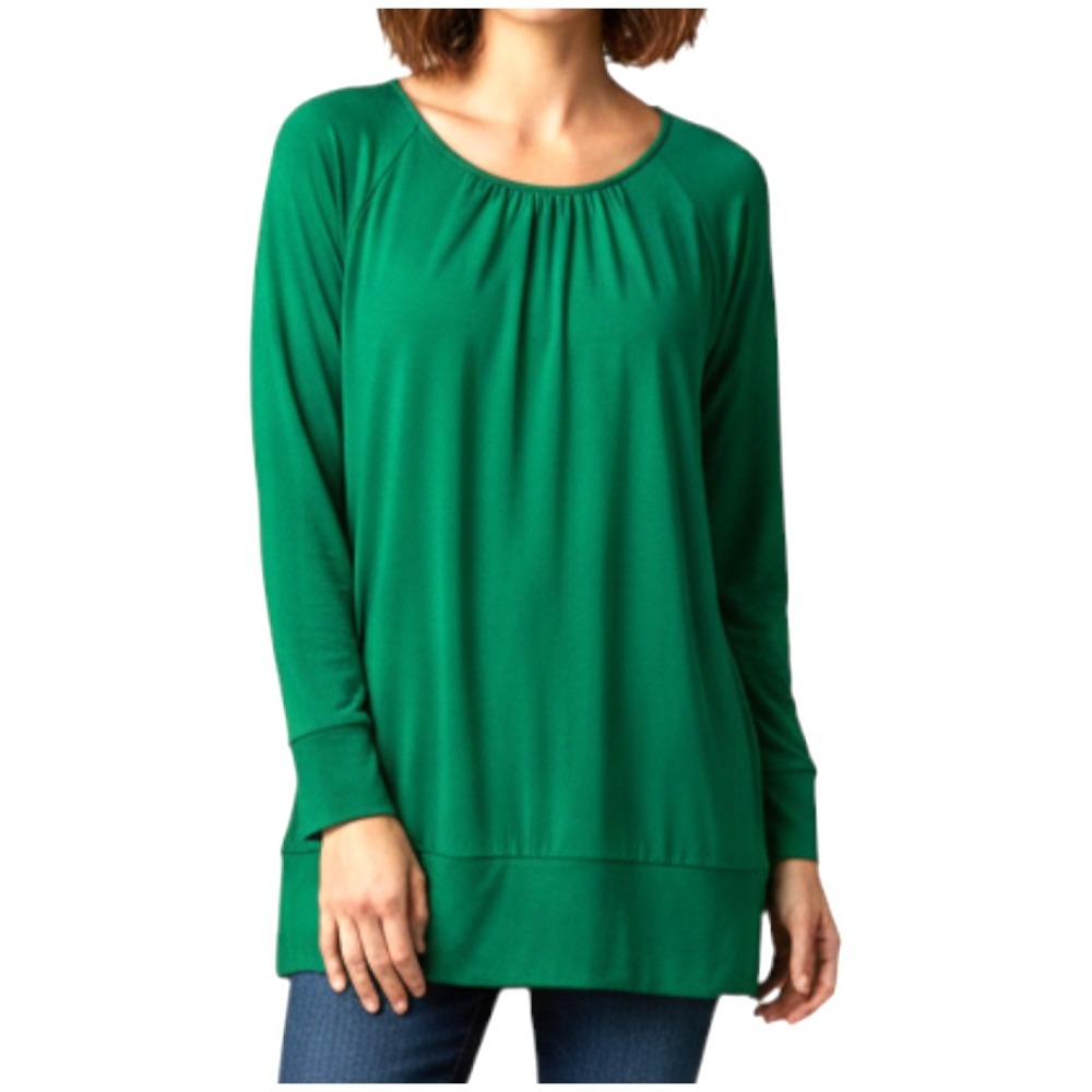 COLDWATER CREEK Bold Kelly Green SOFT FLOWY KNIT TOP TUNIC Gathered Neckline M